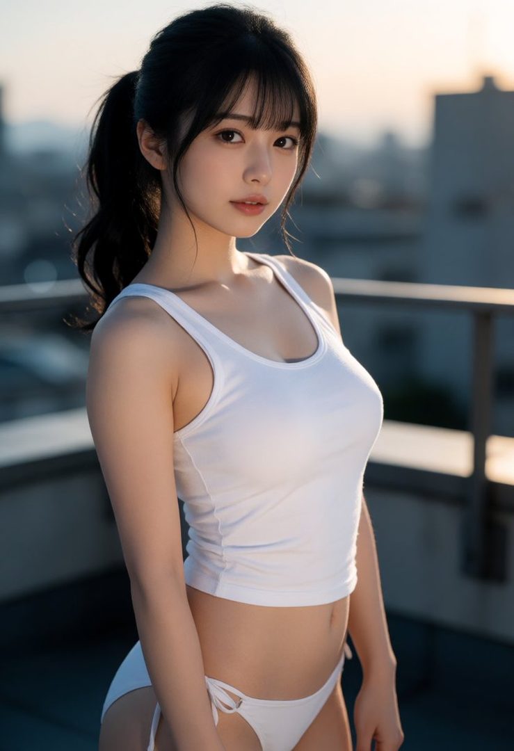 A young woman with black hair in a ponytail, wearing a white tank top and bikini bottoms, poses on a rooftop at sunset.