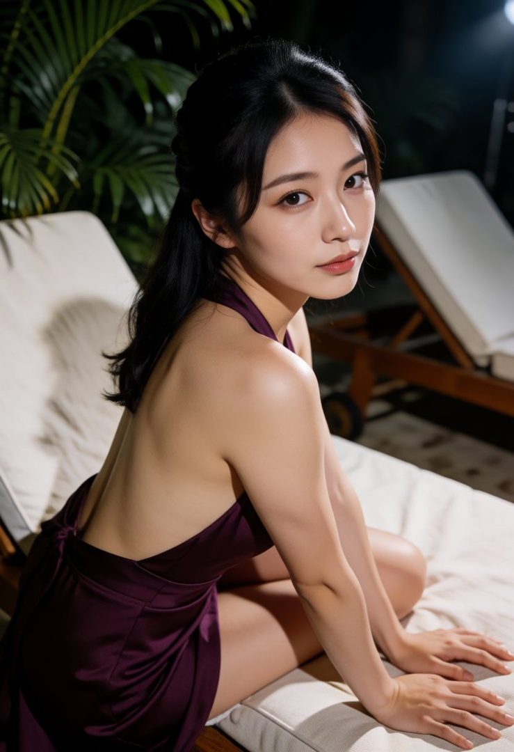 A beautiful East Asian woman with long black hair, wearing a dark purple halter dress, posing on a lounge chair at night.