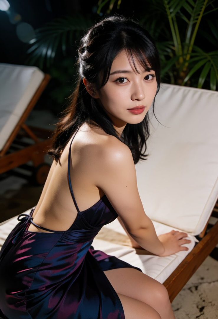 A beautiful East Asian woman with long black hair, wearing a dark, shimmering dress, poses elegantly on a lounge chair outdoors at night.