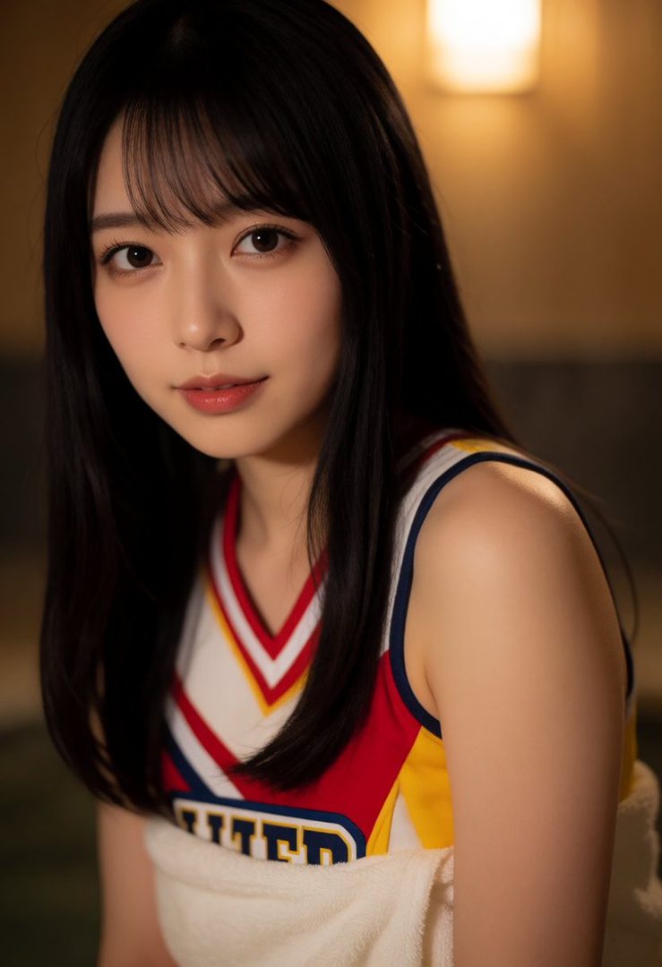 A young East Asian woman with long black hair and bangs, wearing a colorful sleeveless top and a towel, looking at the camera with a gentle expression.