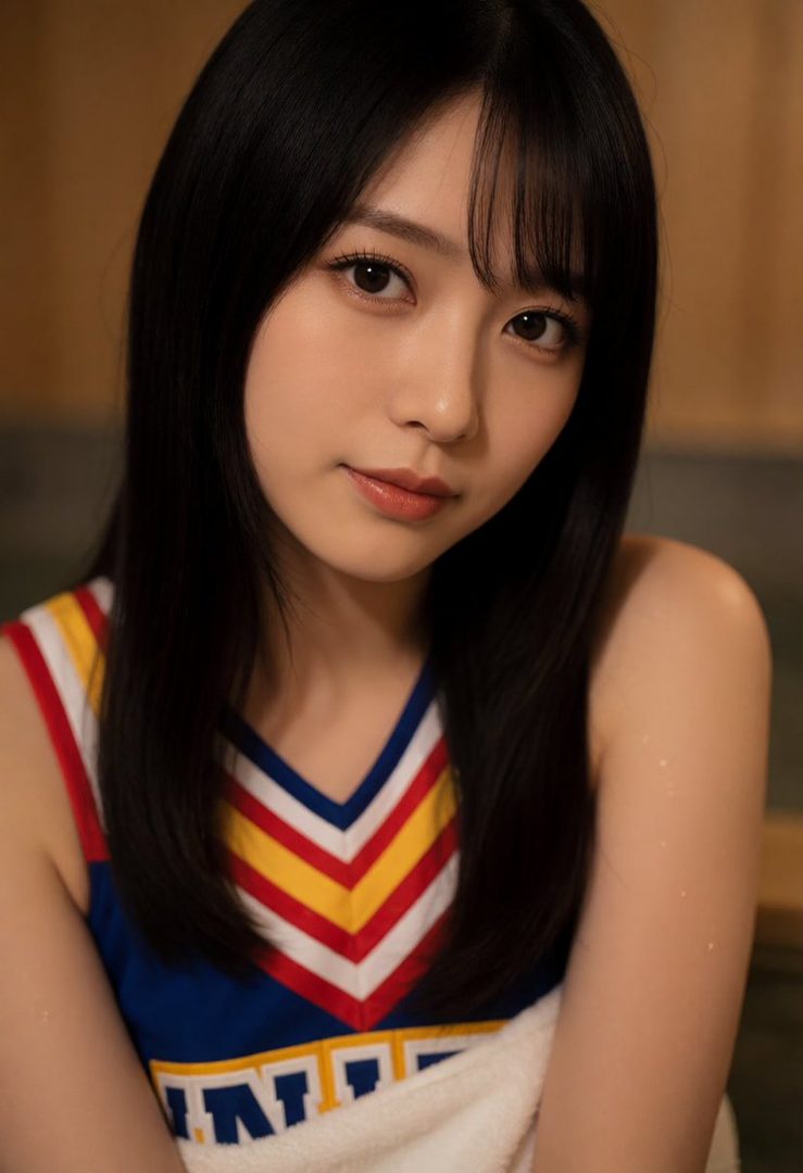 A young East Asian woman with long black hair and bangs, wearing a colorful V-neck sportswear top, looking at the camera with a gentle expression. She is wrapped in a white towel.