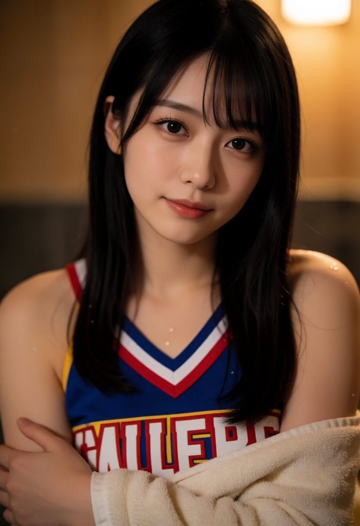 A young East Asian woman with long black hair and bangs, wearing a blue and red sports top, looks at the camera with a gentle smile. She is wrapped in a towel, suggesting a relaxed moment.