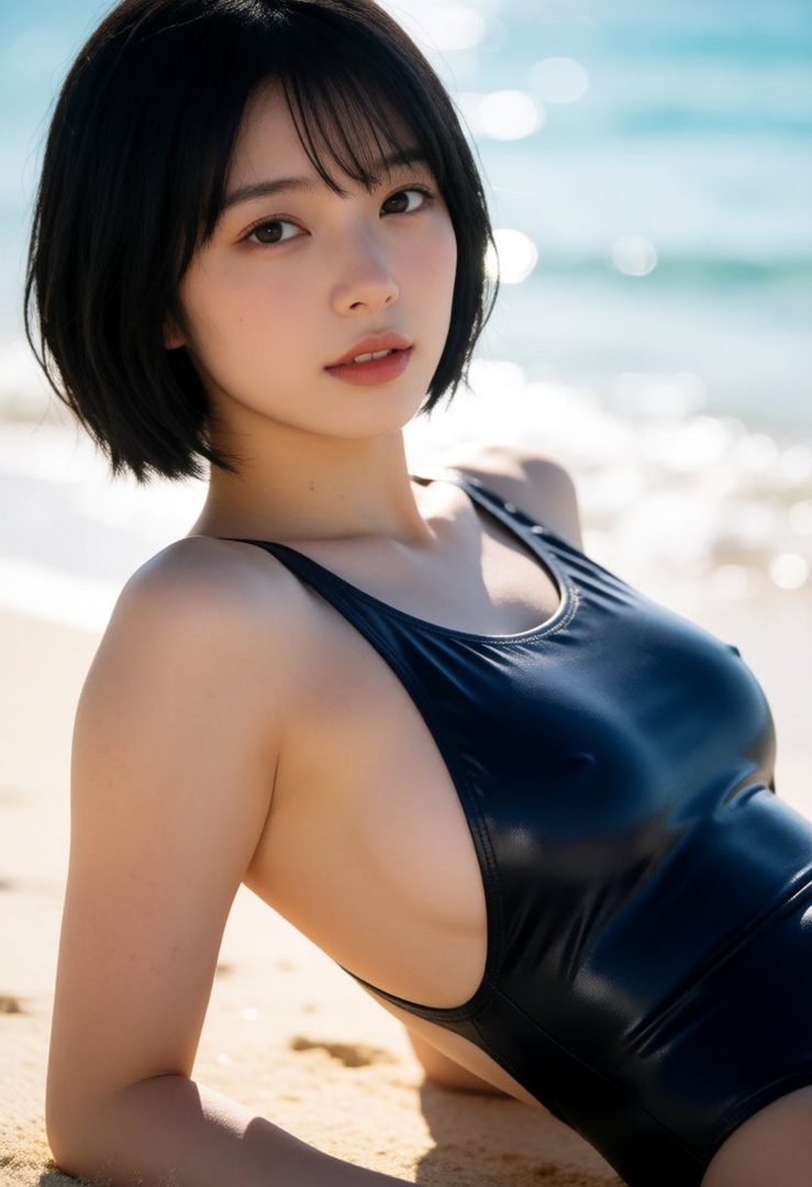 A young woman with short black hair wearing a black one-piece swimsuit, posing on a sandy beach with the ocean in the background.
