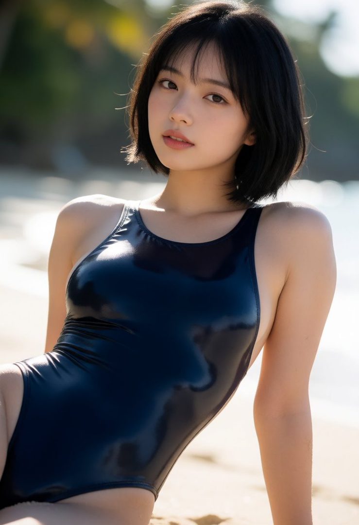 A young woman with short black hair wearing a dark blue one-piece swimsuit poses on a sandy beach.