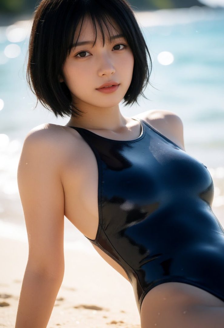 A young woman with short black hair wearing a shiny black one-piece swimsuit poses on a sandy beach with the ocean in the background.