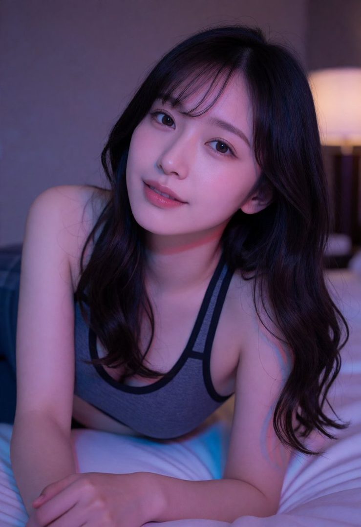 A beautiful East Asian woman with long black hair, wearing a grey sports bra, poses suggestively on a bed.