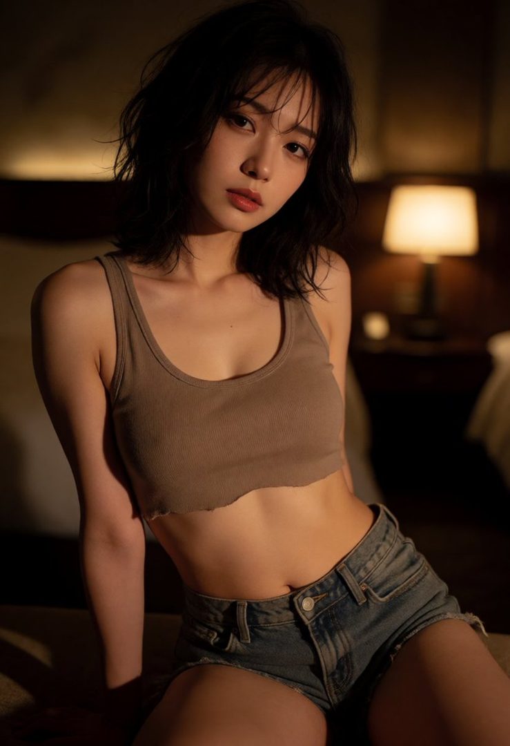 A young woman with short black hair poses indoors, wearing a brown tank top and denim shorts, with a lamp in the background.