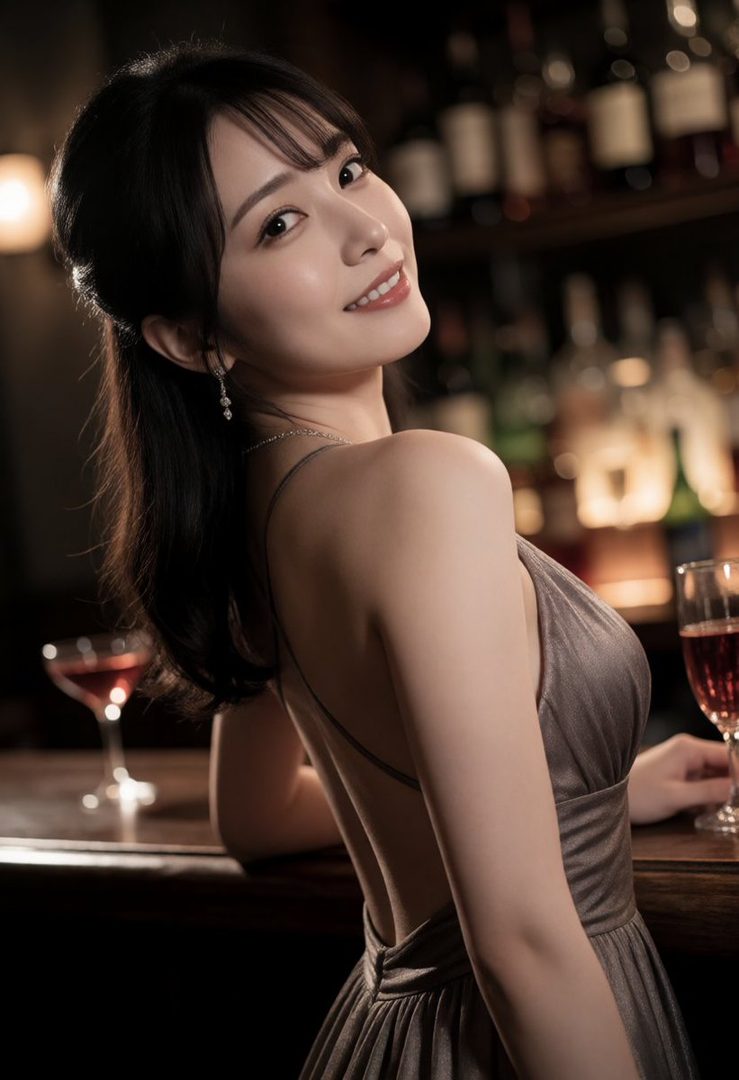 A beautiful East Asian woman with long black hair smiles seductively over her shoulder, wearing a shimmering silver dress and holding a glass of red wine at a dimly lit bar.