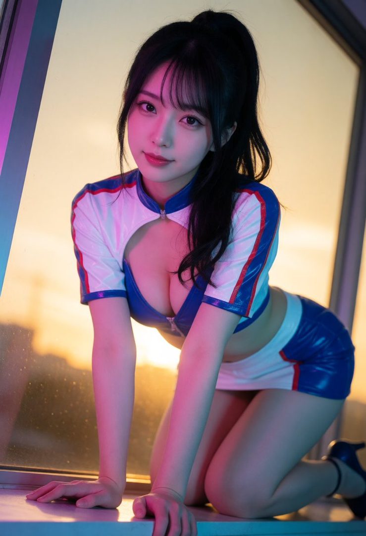 A young woman in a race queen outfit poses indoors with a golden sunset visible through a window.