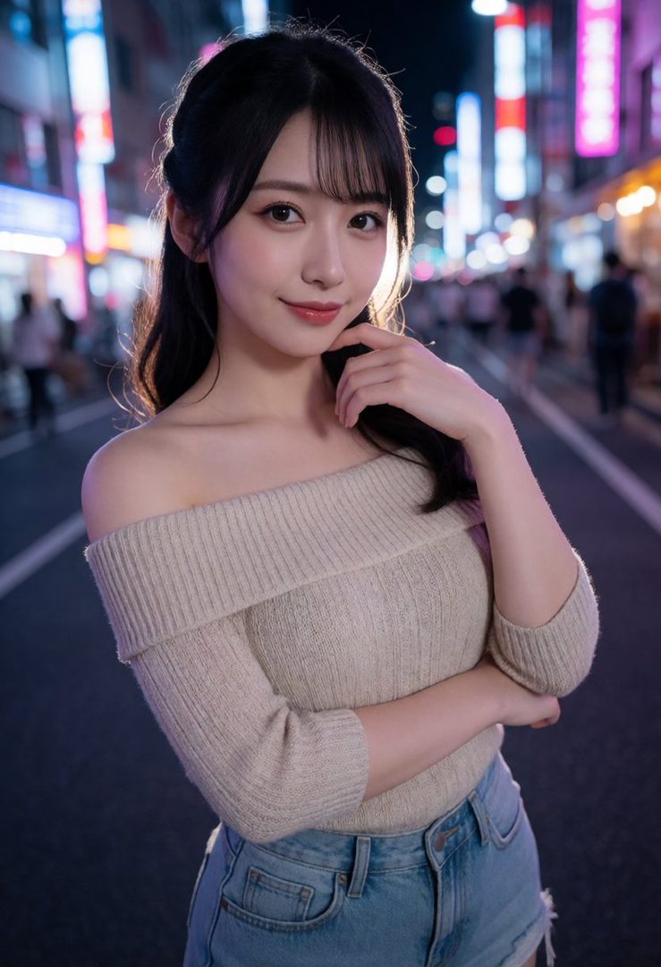 A young woman with long black hair and bangs, wearing an off-the-shoulder sweater and denim shorts, poses on a neon-lit street at night.