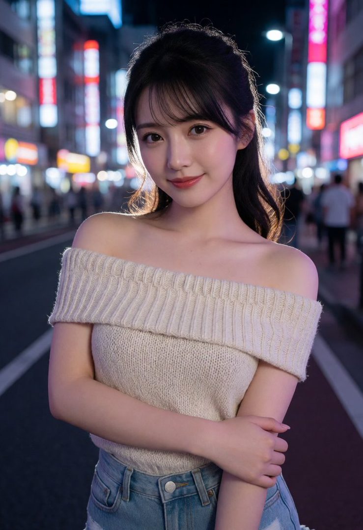 A young woman with black hair, wearing an off-the-shoulder sweater and jeans, poses on a neon-lit street at night.