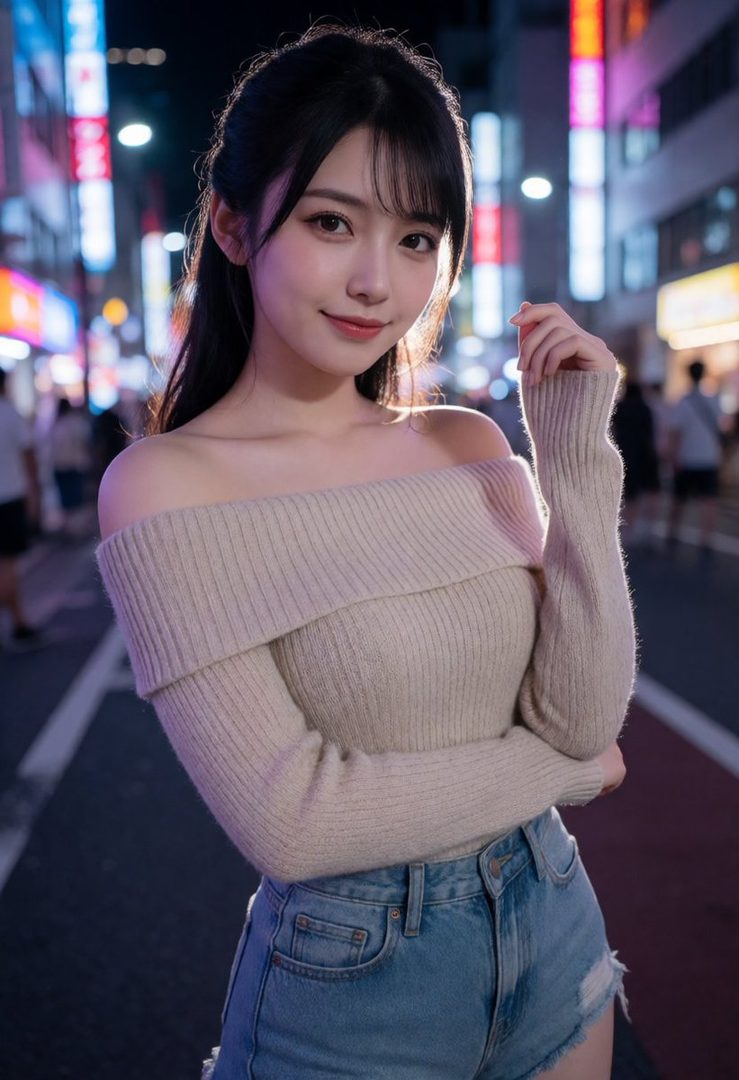 A young East Asian woman with long black hair, wearing an off-the-shoulder sweater and denim shorts, poses on a neon-lit street at night.