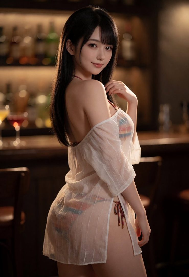 A beautiful young woman with long black hair, wearing a sheer white cover-up over a colorful bikini, poses alluringly in a dimly lit bar.