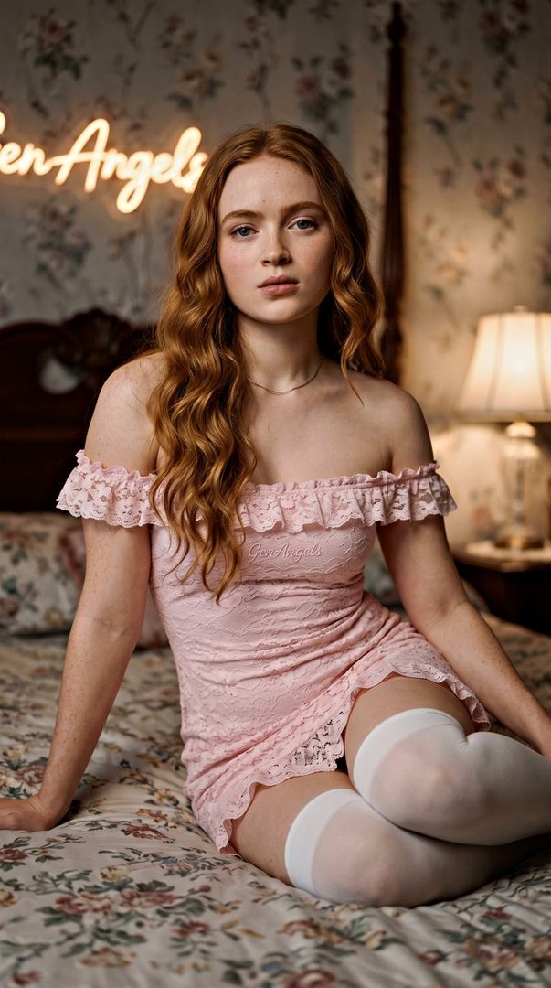 A young woman with long wavy red hair sits on a bed in a vintage bedroom, wearing a pink lace off-the-shoulder dress and white thigh-high stockings.