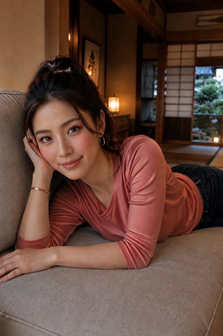 A young East Asian woman with dark hair tied up, wearing a pink long-sleeved shirt and jeans, lying on a sofa in a Japanese-style room.