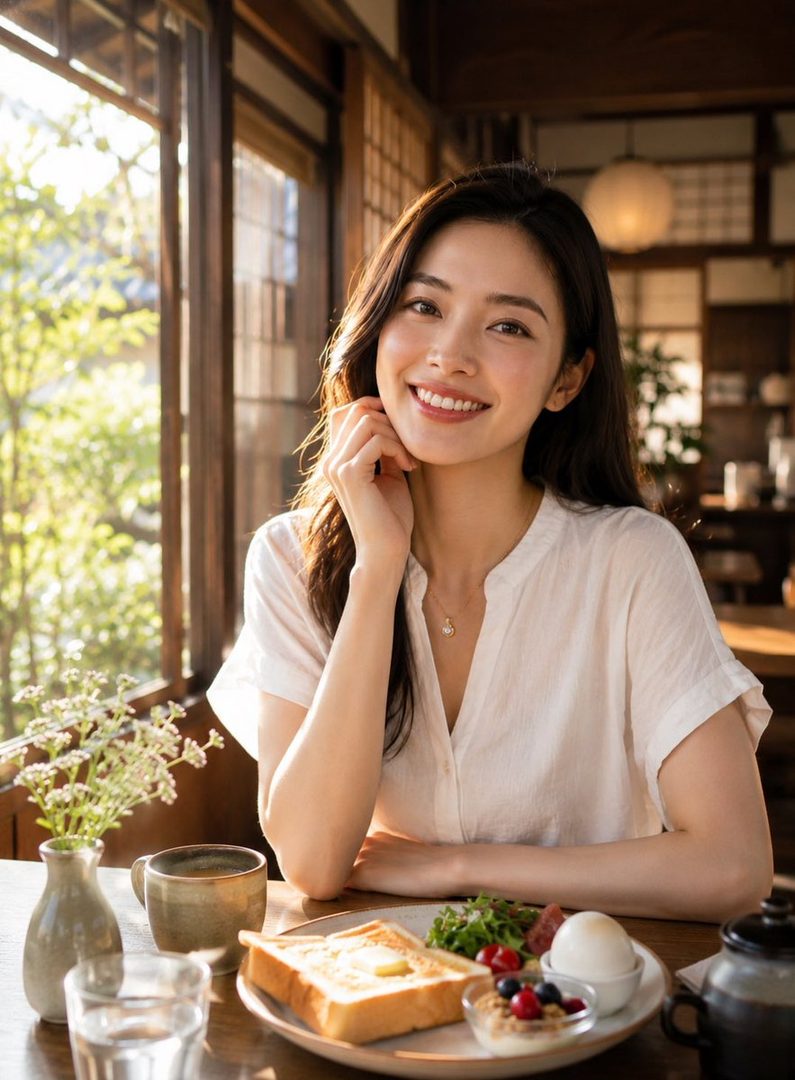 A smiling young East Asian woman with long dark hair, wearing a white blouse, sits at a table with a breakfast of toast, eggs, and fruit, in a sunlit room.
