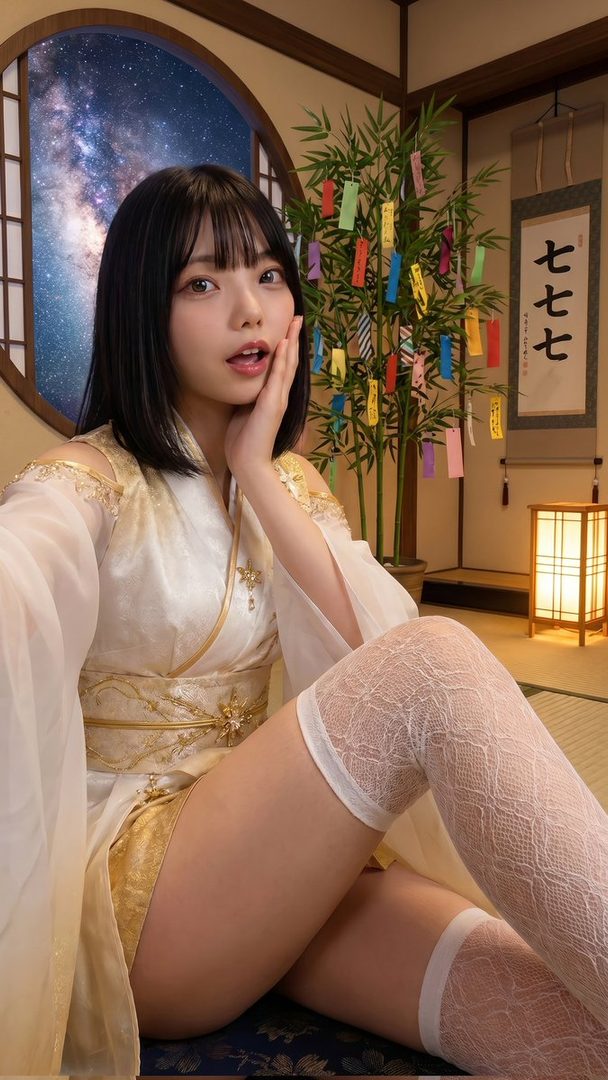 A young East Asian woman with short black hair and bangs, wearing a white and gold ornate dress and white thigh-high lace stockings, poses indoors with a starry sky visible through a window and a bamboo tree decorated with colorful tanzaku.