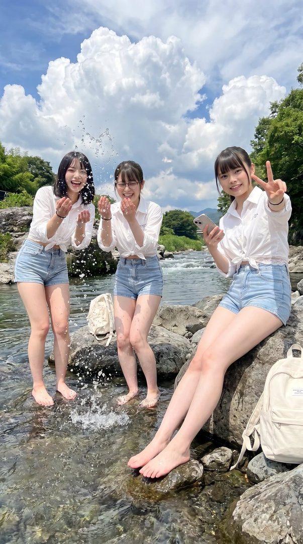 Three young women in white shirts and denim shorts splashing water in a river on a sunny day.