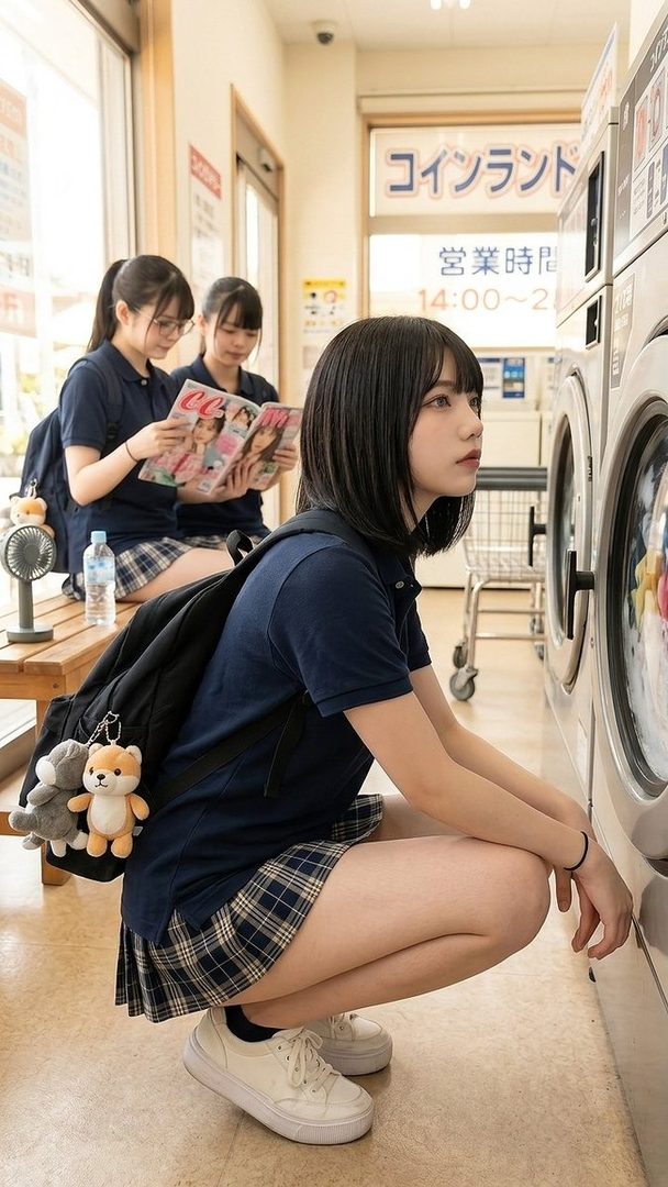 Three young women in school uniforms at a laundromat, one reading a magazine while the other two look at a washing machine.