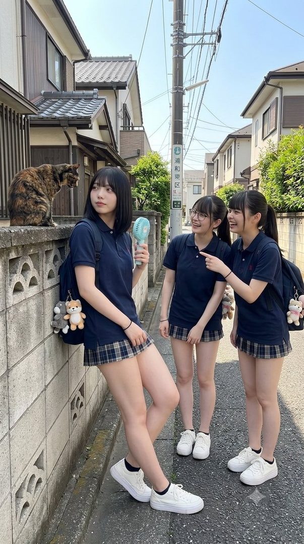 Three young Japanese women in school uniforms are standing on a residential street, with one holding a small fan and looking at a cat on a wall.