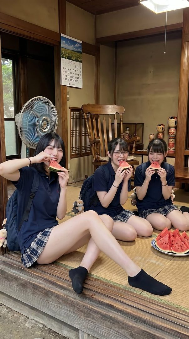 Three young East Asian women in school uniforms eating watermelon indoors.