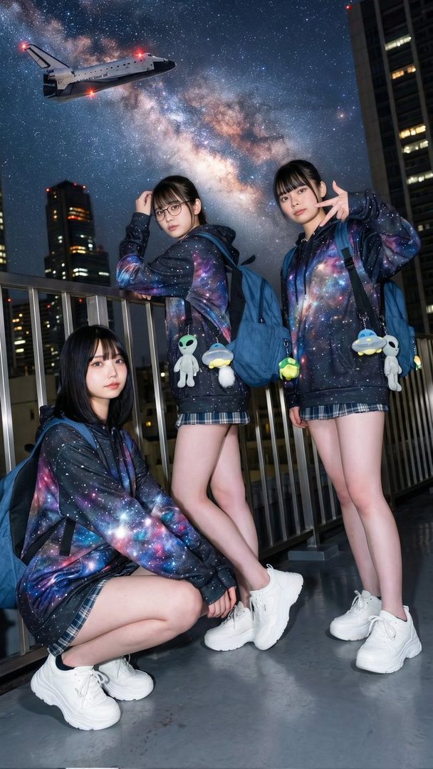 Three young East Asian women in matching galaxy-print hoodies and plaid skirts pose on a rooftop at night with a space shuttle and the Milky Way in the background.