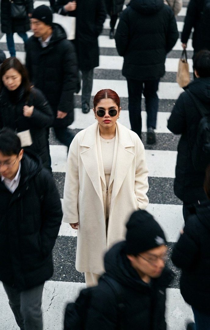 A woman in an ivory coat and sunglasses stands confidently on a busy city crosswalk, looking up at the camera while pedestrians blur around her.