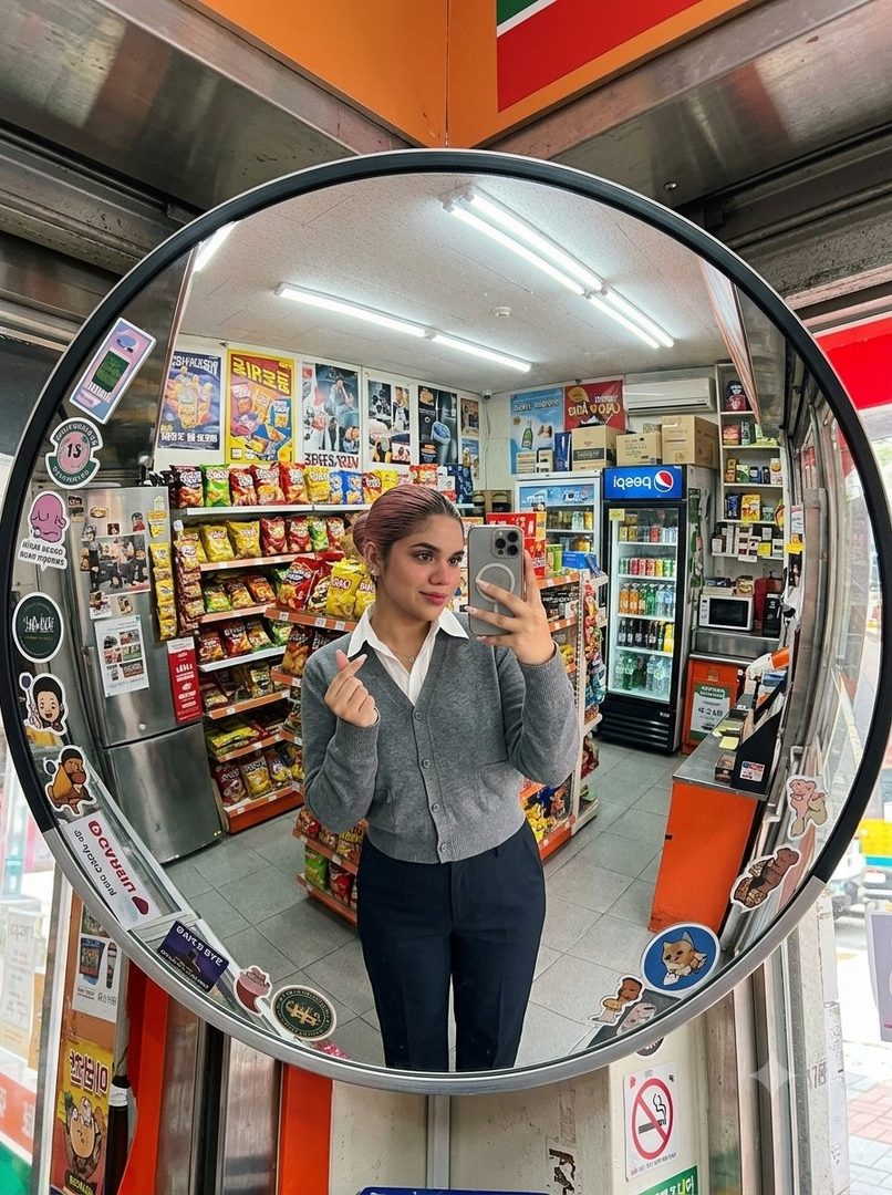 A young woman with pink hair takes a mirror selfie in a convenience store, wearing a grey cardigan over a white shirt and dark pants.