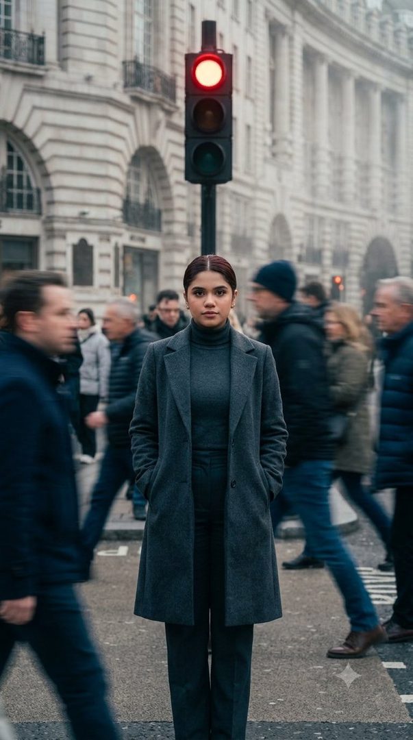A woman stands still in a busy city crosswalk with a red traffic light overhead, while pedestrians blur around her.