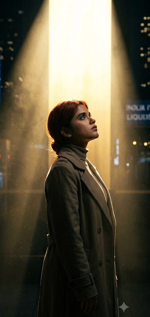 A woman with red hair in a trench coat looks up into a dramatic golden light beam in a dark urban setting.