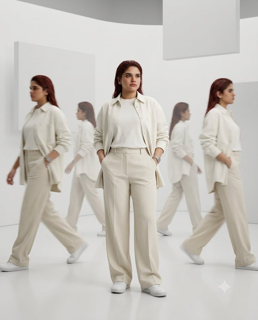 A woman in a cream-colored suit stands still in a minimalist studio, with motion blur echoes of herself walking around her.
