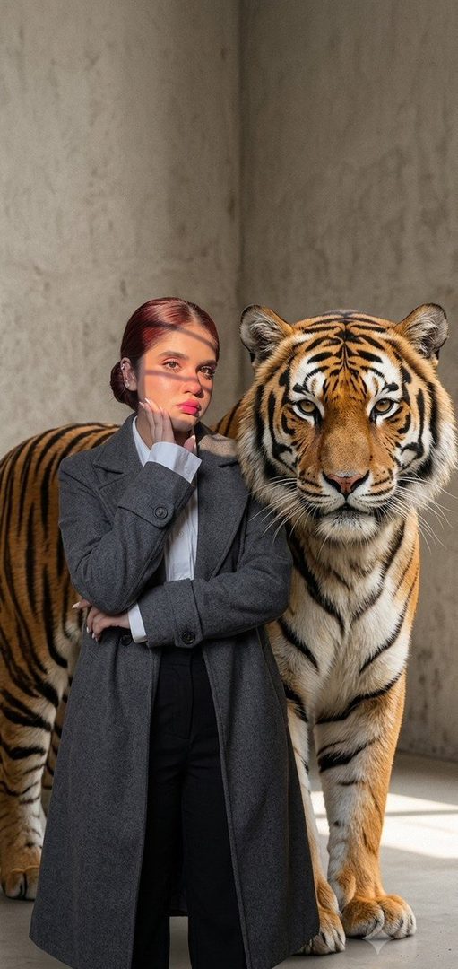 A woman in a grey coat stands next to a large tiger in an indoor setting, looking thoughtfully to the side.