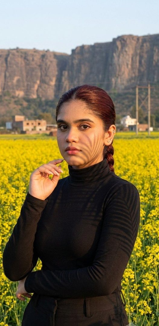 A young woman with brown hair in a braid, wearing a black turtleneck, stands in a field of yellow flowers with mountains in the background.