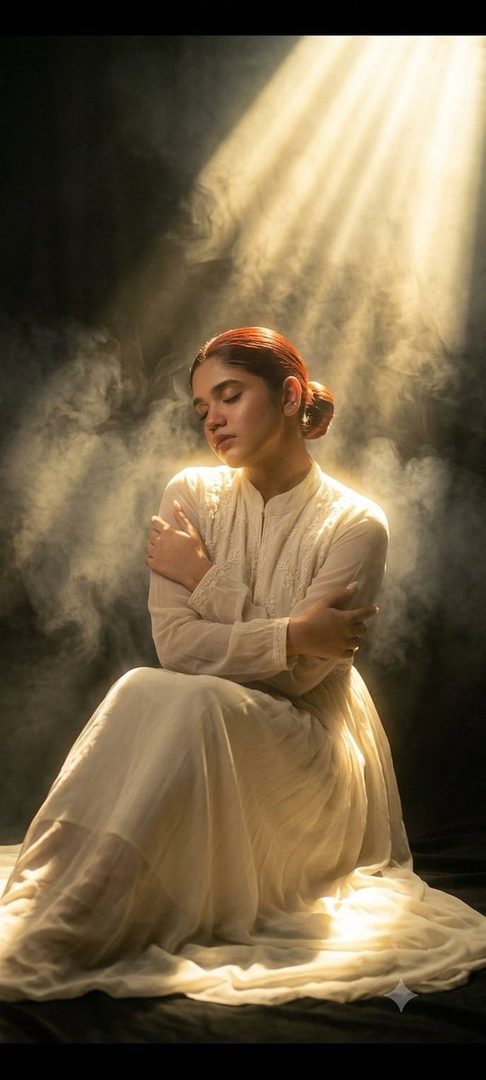 A woman with red hair in a white dress sits with her eyes closed, bathed in golden light and surrounded by smoke.