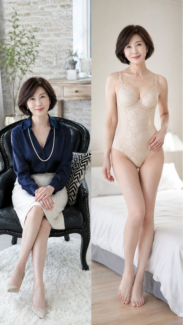 A mature East Asian woman in a navy blouse and skirt, and another image of her in a beige bodysuit, posing elegantly.