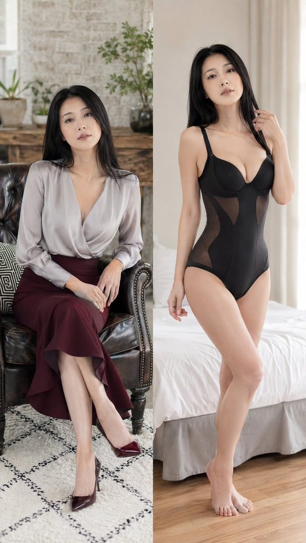 A split image featuring a woman in professional attire sitting on a chair and a woman in a black bodysuit standing by a bed.