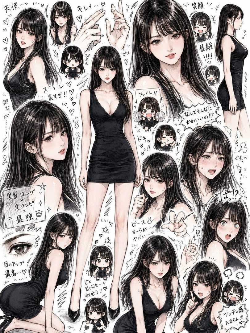 An anime-style sketch sheet featuring a woman with long black hair and bangs, wearing a black mini dress, depicted in various poses and expressions, including some chibi versions.