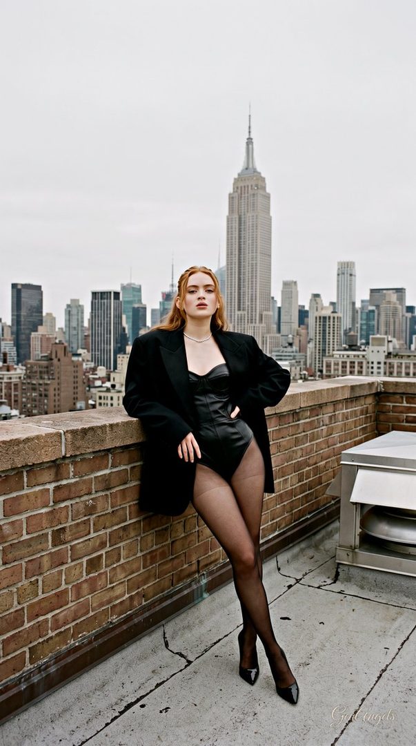A woman in a black bodysuit and blazer poses on a rooftop with the New York City skyline behind her.