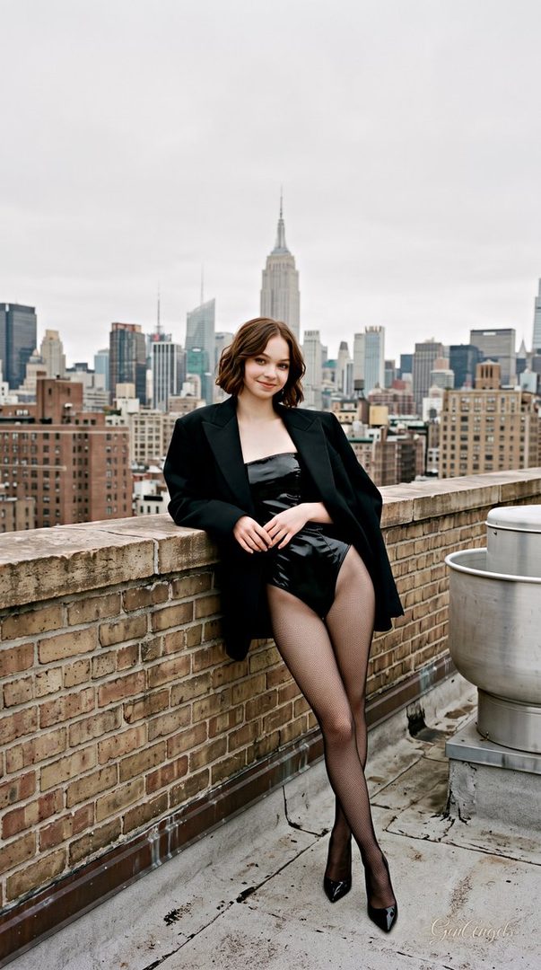 A young woman in a black bodysuit and blazer poses on a rooftop with the New York City skyline in the background.