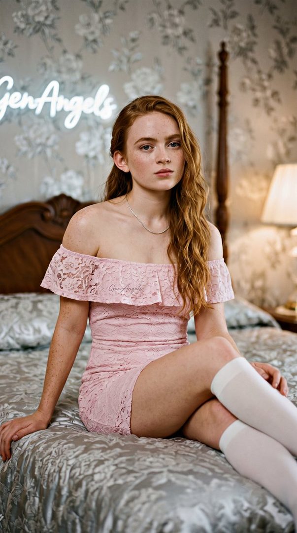 A young woman with long wavy red hair and freckles, wearing a pink off-the-shoulder lace dress and white knee-high socks, sits on a bed in a vintage bedroom.