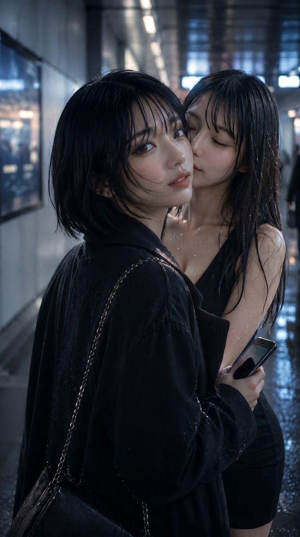 Two women with wet black hair in a dark, rainy urban setting, one in a black coat looking at the viewer, and the other in a black dress embracing her from behind.