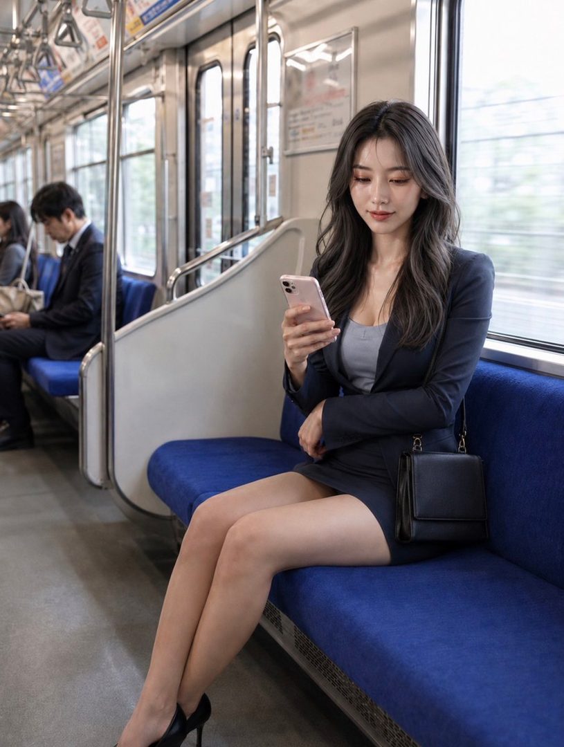 A young East Asian woman in a dark suit and grey top sits on a blue train seat, looking at her phone.