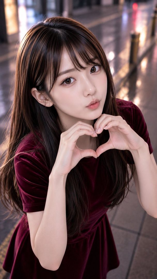 A young East Asian woman with long brown hair and bangs, wearing a dark red velvet dress, makes a heart shape with her hands in front of her chest. She is outdoors at night on a street with blurred lights in the background.