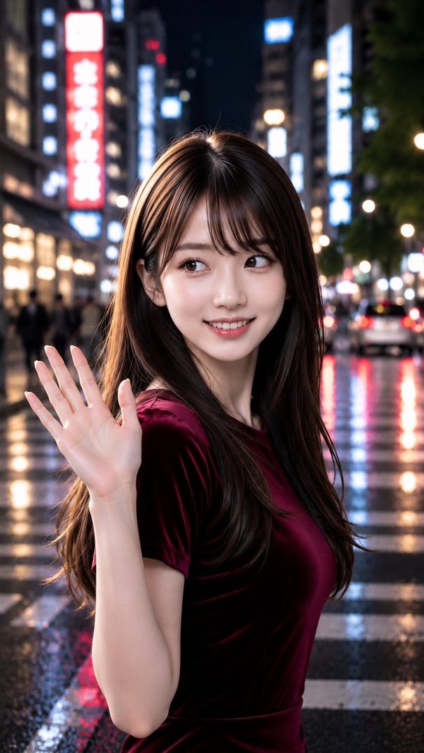 A young woman with long brown hair and bangs, wearing a dark red velvet dress, waves her hand while standing on a wet city street at night.
