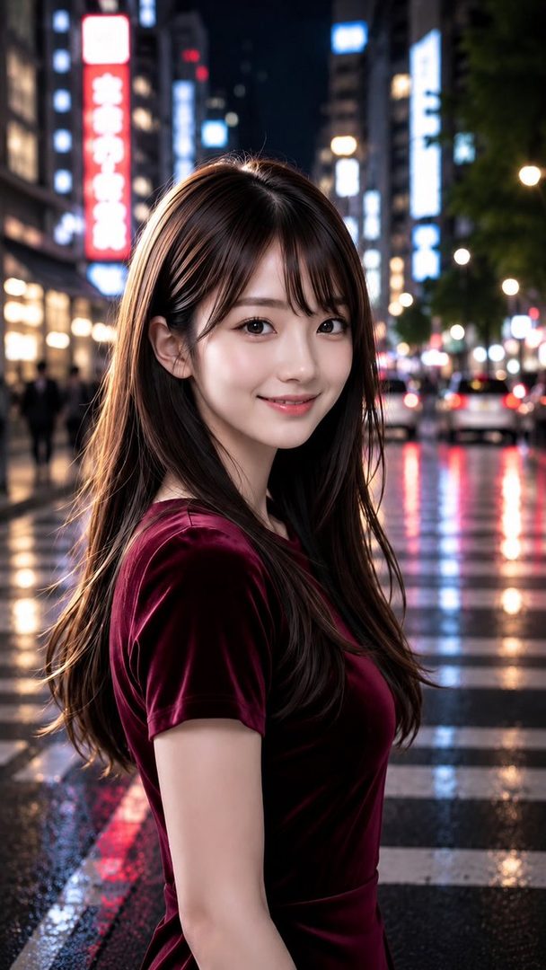 A beautiful AI-generated woman with long brown hair and bangs, wearing a dark red velvet dress, smiles gently on a wet city street at night with neon lights reflecting on the ground.