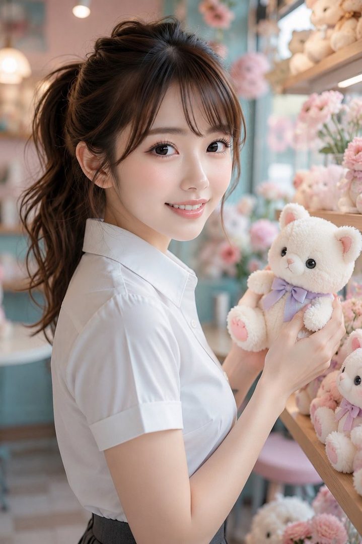 A young East Asian woman with brown hair in a ponytail, wearing a white blouse, holds a teddy bear and smiles gently in a room filled with stuffed animals and flowers.