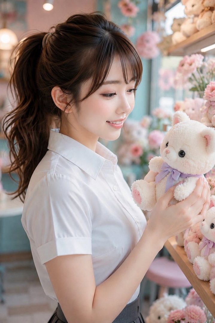 A young East Asian woman with a brown ponytail, wearing a white blouse, holds a teddy bear in a shop filled with stuffed animals and flowers.