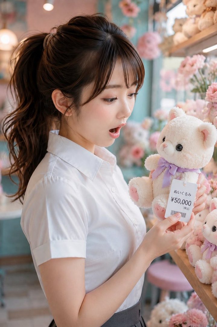 A young woman with a surprised expression holds a teddy bear in a shop filled with stuffed animals and flowers.