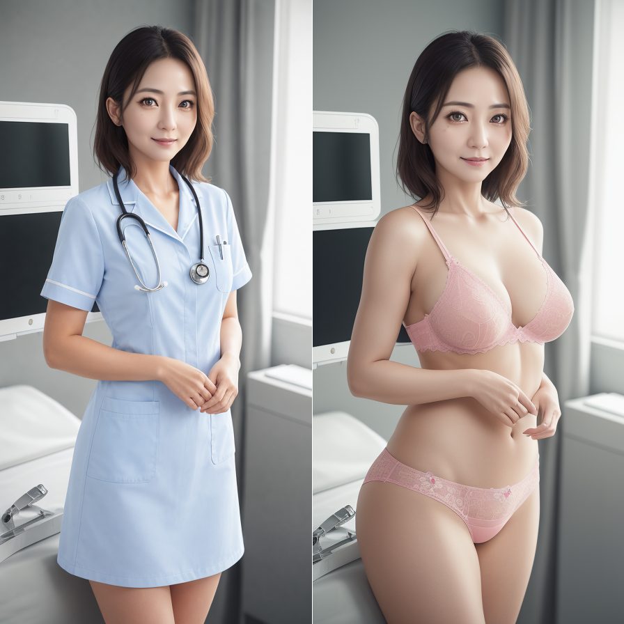 A split image showing an AI-generated woman in a nurse's uniform on the left and in pink lingerie on the right, posing in a medical setting.