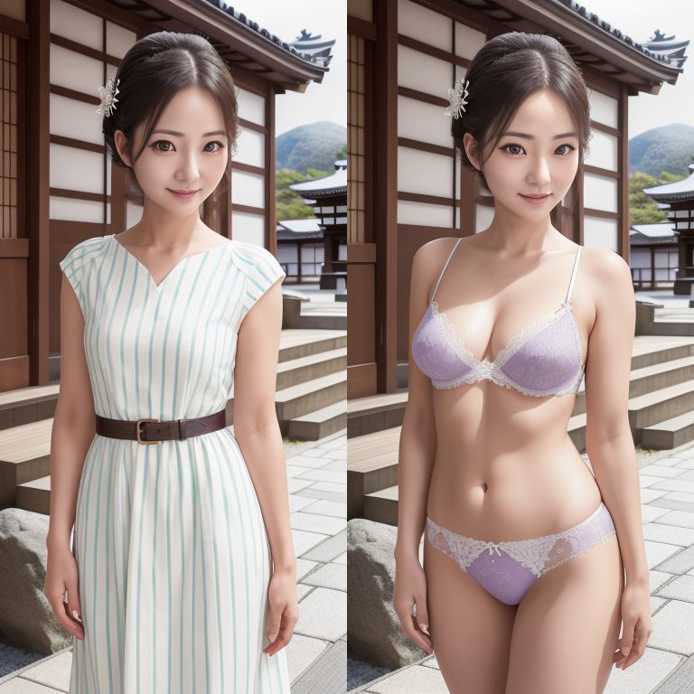 Two AI-generated East Asian women posing outdoors, one in a striped dress and the other in a purple lingerie set.